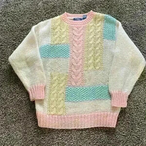 Vintage Rafferty bran Sweater Chunky Knit Pink Blue Yellow Color Block sz M